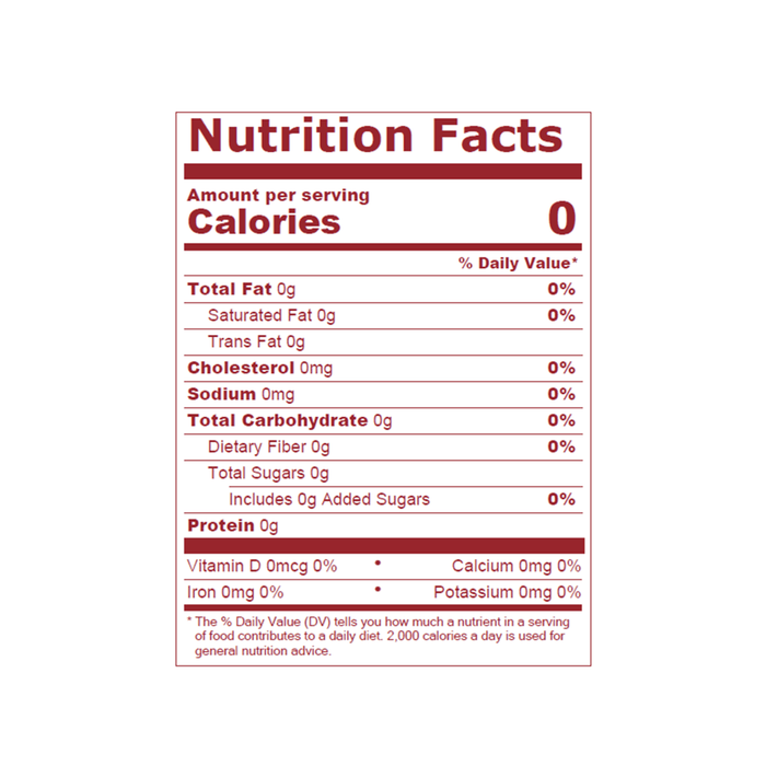 This image shows a nutrition facts label with 0 calories per serving.