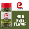 A container of Lawry's Parsley Flakes is shown, labeled as a mild herb flavor.