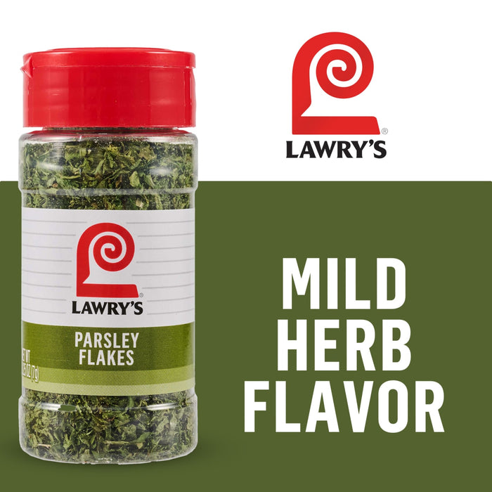 A container of Lawry's Parsley Flakes is shown, labeled as a mild herb flavor.