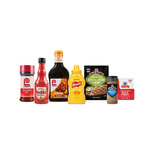 A collection of McCormick and subsidiary brand products are arranged on a white background, including Lawry's Seasoned Salt, Frank's RedHot Original, Lawry's Teriyaki Marinade, French's Classic Yellow Mustard, McCormick Grill Mates Garlic, Herb &amp; Wine Marinade Mix, McCormick Grill Mates Montreal Steak Seasoning, and McCormick Pure Ground Black Pepper.