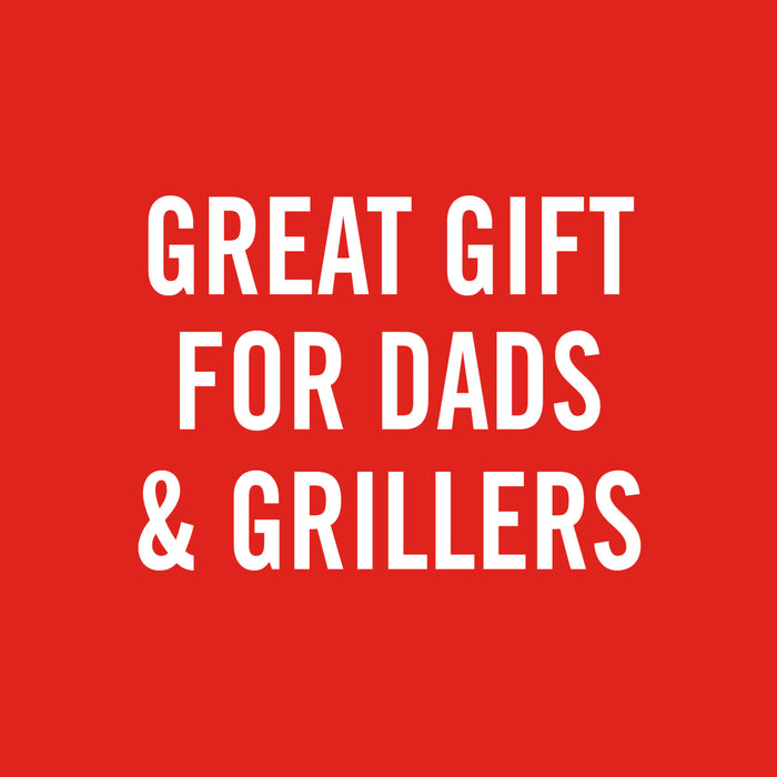 A red graphic with white text that reads, Great gift for dads &amp; grillers.
