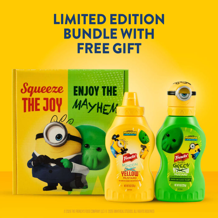 A promotional image displays a French's limited edition Minions bundle, which includes a bottle of French's Minion Classic Yellow Mustard, a bottle of French's Goomi's Green Mustard, and a free gift book.