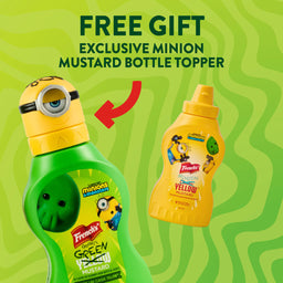 A promotional image advertises a free exclusive Minion mustard bottle topper, shown on a bottle of French's Goomi's Green Mustard, next to a bottle of French's Minion Classic Yellow Mustard.