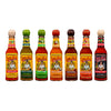 A lineup of seven different bottles of Cholula Hot Sauce showcases the variety of flavors, including Original, Green Pepper, Chili Lime, Chili Garlic, Chipotle, Sweet Habanero, and Extra Hot.