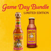 The limited edition Dtcchovpbundle Game Day promotion features three Cholula sauces: Original Hot Sauce with a soccer ball cap, Cremosa Cilantro Lime Sauce, and Cochinita Pibil Cooking Sauce, all set against a vibrant yellow background.