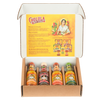 A cardboard gift box displays four different flavors of Cholula Hot Sauce: Chili Garlic, Extra Hot, Sweet Habanero, and Green Pepper.