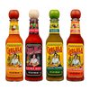 Four bottles of Cholula Hot Sauce are lined up against a black background, showcasing the Chili Garlic, Extra Hot, Green Pepper, and Sweet Habanero varieties.