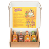 A Cholula Hot Sauce gift set is displayed in an open box, showing four different flavors: Original, Extra Hot, Sweet Habanero, and Green Pepper.