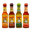 Four bottles of Cholula Hot Sauce are lined up against a black background, showcasing the Chili Garlic, Chipotle, Green Pepper, and Sweet Habanero flavors.