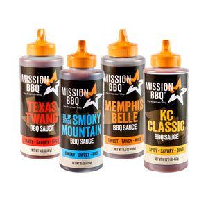 Four bottles of Mission BBQ sauce are displayed, featuring Texas Twang, Blue Ridge Smoky Mountain, Memphis Belle, and KC Classic flavors.