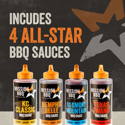 An advertisement for the Mission Bbq Iw Dtc Pack Bundle Dtcmbbqvp shows four different bottles of all-star BBQ sauces lined up, including KC Classic, Memphis Belle, Blue Ridge Smoky Mountain, and Texas Twang.