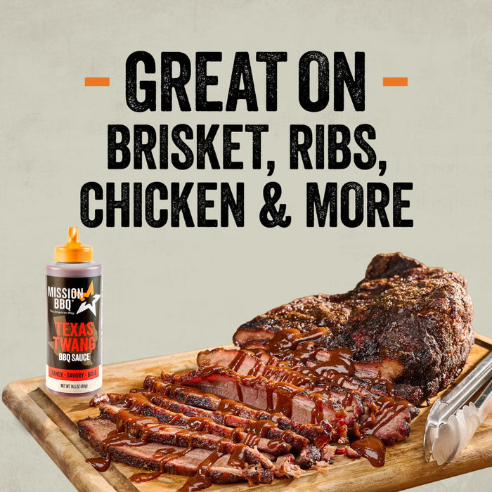 A bottle from the Mission Bbq Iw Dtc Pack Bundle Dtcmbbqvp sits next to a sliced brisket drizzled with the Texas Twang BBQ sauce to show it is great on brisket, ribs, chicken, and more.