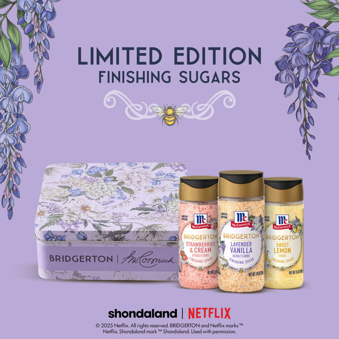 This image features McCormick Limited Edition Bridgerton Finishing Sugars in Strawberries &amp; Cream, Lavender Vanilla, and Sweet Lemon flavors, along with a decorative tin, as part of a promotional collaboration with Shondaland and Netflix.