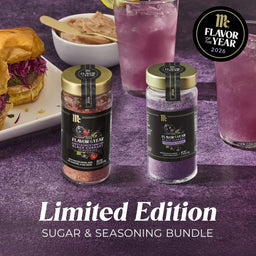 A promotional image of the Mccormick Gourmet Dtc Bundle Foty shows the 2026 Flavor of the Year Sweet &amp; Smoky Black Currant Seasoning and Black Currant Finishing Sugar arranged with sliders and purple cocktails to suggest uses.