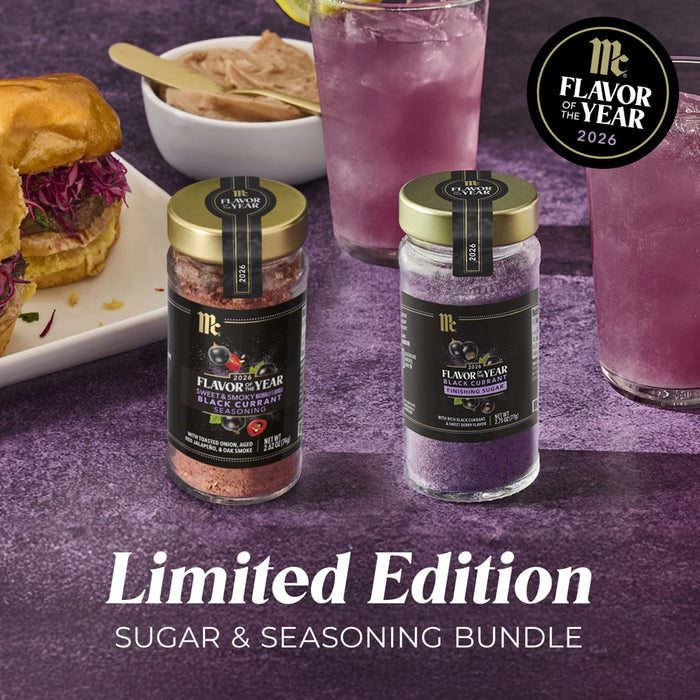 A promotional image of the Mccormick Gourmet Dtc Bundle Foty shows the 2026 Flavor of the Year Sweet &amp; Smoky Black Currant Seasoning and Black Currant Finishing Sugar arranged with sliders and purple cocktails to suggest uses.