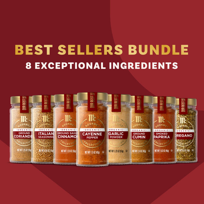 The Mkc Gourmet Bestsellers Bundle Count is displayed with eight jars of McCormick Gourmet organic spices, including Ground Coriander, Italian Seasoning, and Cayenne Pepper, lined up against a red background.