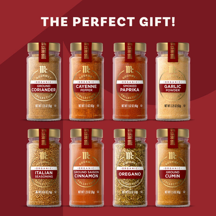 The Mkc Gourmet Bestsellers Bundle Count is displayed as the perfect gift, featuring eight jars of McCormick Gourmet organic spices including Ground Coriander, Cayenne Pepper, Smoked Paprika, and Garlic Powder.