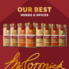 An advertisement for the Mkc Gourmet Bestsellers Bundle Count features a lineup of eight McCormick Gourmet Collection spices, including Ground Saigon Cinnamon, Cayenne Pepper, and Garlic Powder, against a rich red background.