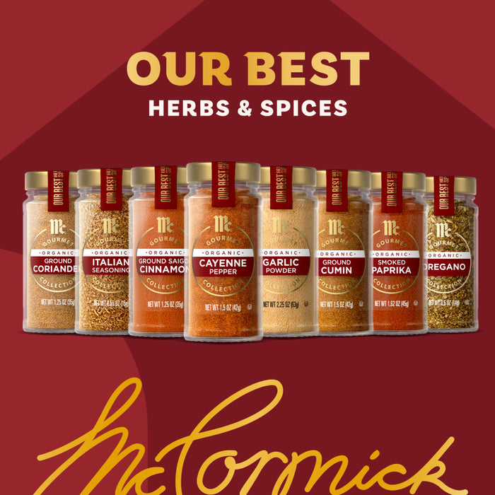 An advertisement for the Mkc Gourmet Bestsellers Bundle Count features a lineup of eight McCormick Gourmet Collection spices, including Ground Saigon Cinnamon, Cayenne Pepper, and Garlic Powder, against a rich red background.