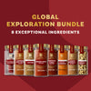 The eight McCormick Gourmet Collection spices that comprise the Mkc Gourmet Global Exploration Bundle Count are displayed in a row, featuring Saffron, Chinese Five Spice, Thyme, Ancho Chile Pepper, Chipotle Chile Pepper, Ground Turmeric, Garam Masala, and Whole Cardamom Pods.