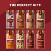 Eight jars of McCormick Gourmet spices, including Saffron, Chinese Five Spice, and Turmeric, are arranged in two rows to showcase the variety in the Mkc Gourmet Global Exploration Bundle Count, presented as the perfect gift.