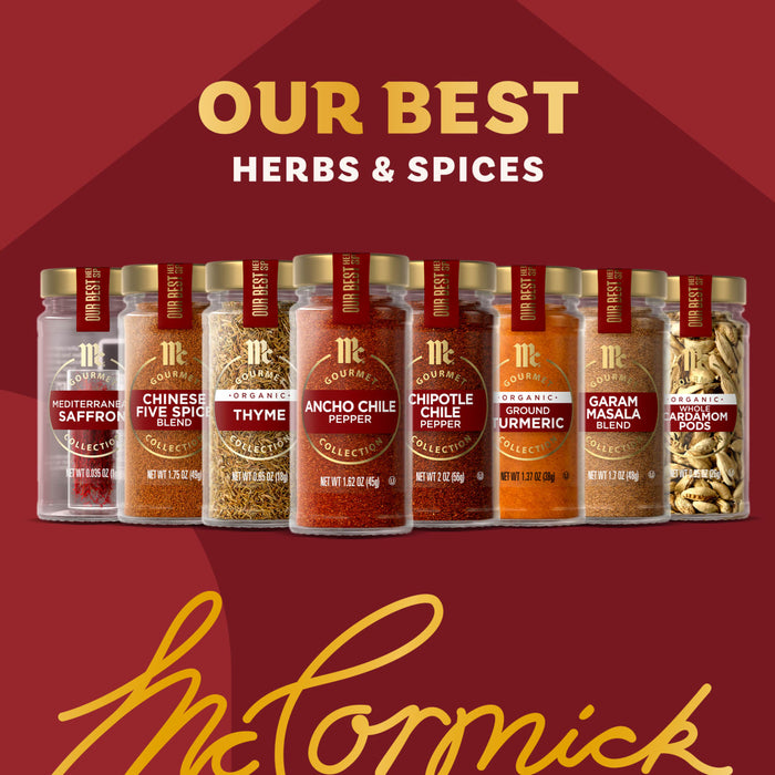 A promotional image showcases a variety of spices from the Mkc Gourmet Global Exploration Bundle Count, featuring McCormick Gourmet jars of Saffron, Chinese Five Spice, and Garam Masala lined up under the heading OUR BEST HERBS &amp; SPICES.