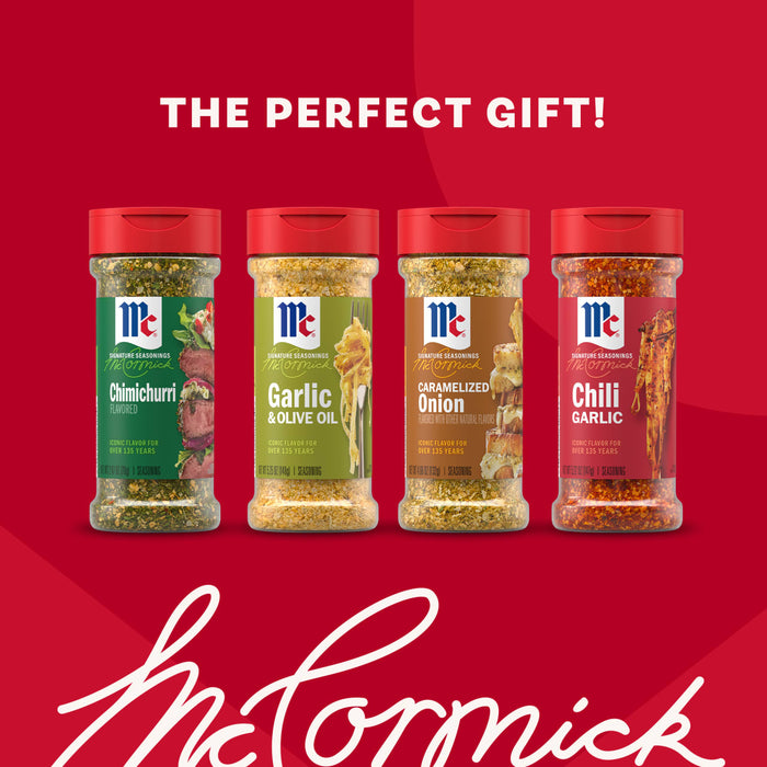 A promotional image of the Mccormick Dtc Blends Bundles Innovative shows four Signature Seasonings bottles-Chimichurri, Garlic &amp; Olive Oil, Caramelized Onion, and Chili Garlic-lined up against a red background with the text, The Perfect Gift.