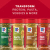 A promotional image for the Mccormick Dtc Blends Bundles Innovative shows four Signature Seasonings bottles-Chimichurri, Garlic &amp; Olive Oil, Caramelized Onion, and Chili Garlic-lined up against a red background with text that reads, Transform protein, pasta, veggies &amp; more.