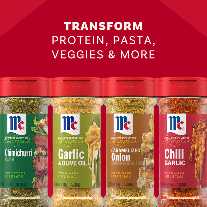 A promotional image for the Mccormick Dtc Blends Bundles Innovative shows four Signature Seasonings bottles-Chimichurri, Garlic &amp; Olive Oil, Caramelized Onion, and Chili Garlic-lined up against a red background with text that reads, Transform protein, pasta, veggies &amp; more.