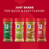 The Mccormick Dtc Blends Bundles Innovative collection features four Signature Seasonings-Chimichurri, Garlic &amp; Olive Oil, Caramelized Onion, and Chili Garlic-lined up against a red background with the text, Just shake for quick &amp; easy flavor!