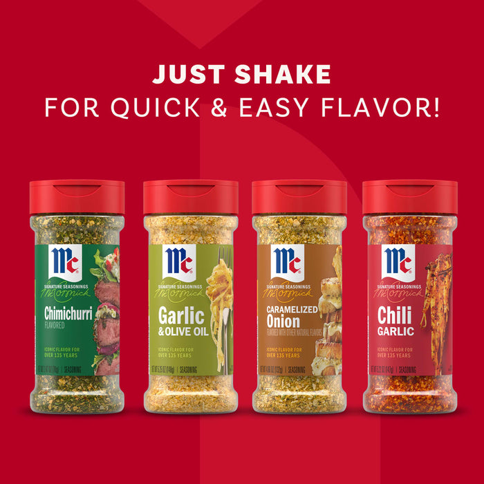 The Mccormick Dtc Blends Bundles Innovative collection features four Signature Seasonings-Chimichurri, Garlic &amp; Olive Oil, Caramelized Onion, and Chili Garlic-lined up against a red background with the text, Just shake for quick &amp; easy flavor!
