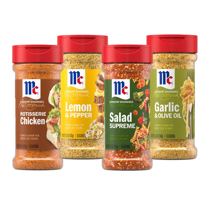 A product shot of the Dtcmckvbbundlemainimage shows four McCormick Signature Seasonings bottles against a white background, featuring the flavors Rotisserie Chicken, Lemon &amp; Pepper, Salad Supreme, and Garlic &amp; Olive Oil.