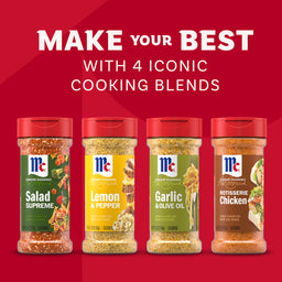 A promotional image for the Mccormick Dtc Blends Bundles Iconic features four signature seasonings, Salad Supreme, Lemon and Pepper, Garlic and Olive Oil, and Rotisserie Chicken, lined up against a red background.