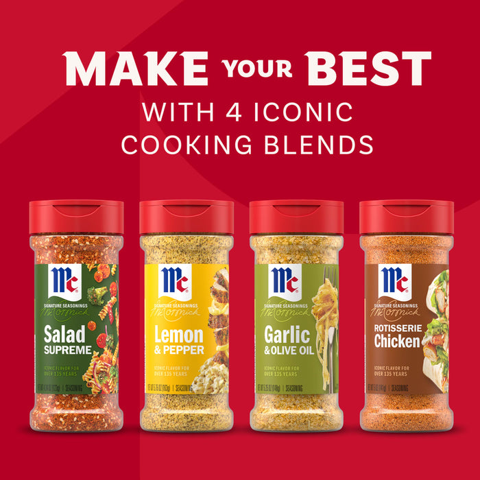 A promotional image for the Mccormick Dtc Blends Bundles Iconic features four signature seasonings, Salad Supreme, Lemon and Pepper, Garlic and Olive Oil, and Rotisserie Chicken, lined up against a red background.