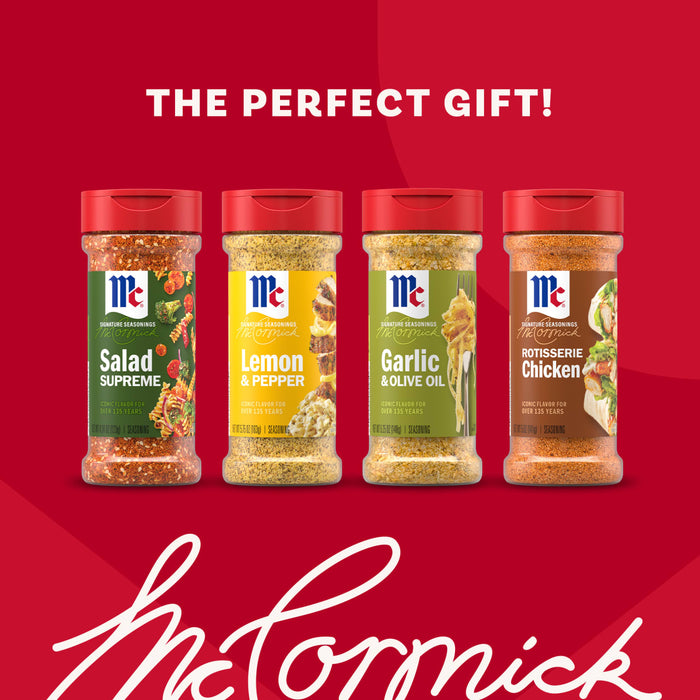 The Mccormick Dtc Blends Bundles Iconic is advertised as the perfect gift, featuring four signature seasonings: Salad Supreme, Lemon &amp; Pepper, Garlic &amp; Olive Oil, and Rotisserie Chicken, all lined up against a red background.