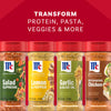 The Mccormick Dtc Blends Bundles Iconic features four signature seasonings, Salad Supreme, Lemon &amp; Pepper, Garlic &amp; Olive Oil, and Rotisserie Chicken, lined up against a red background with the text Transform Protein, Pasta, Veggies &amp; More.