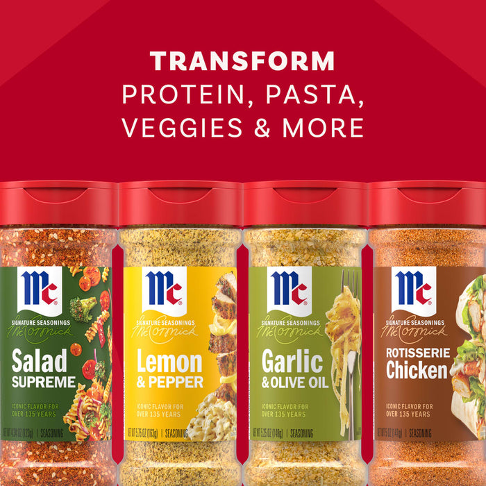 The Mccormick Dtc Blends Bundles Iconic features four signature seasonings, Salad Supreme, Lemon &amp; Pepper, Garlic &amp; Olive Oil, and Rotisserie Chicken, lined up against a red background with the text Transform Protein, Pasta, Veggies &amp; More.