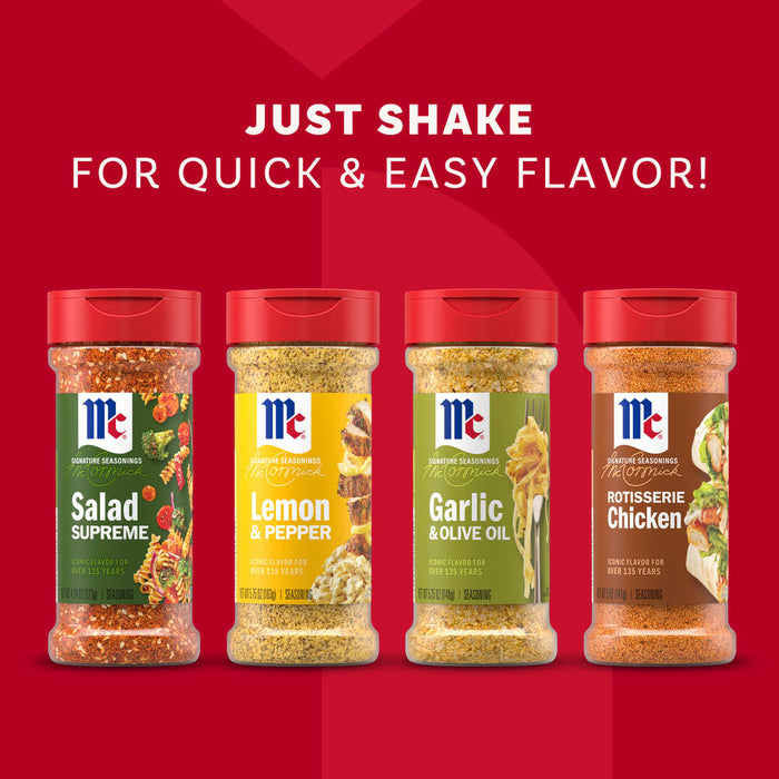 A promotional image for the Mccormick Dtc Blends Bundles Iconic displays four signature seasonings-Salad Supreme, Lemon &amp; Pepper, Garlic &amp; Olive Oil, and Rotisserie Chicken-against a red background with the text, Just shake for quick &amp; easy flavor!