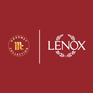 A logo lockup for the Mccormick X Lenox Spice Village Dtc Bundles Dtcmckvb Dtcmckvb Dtcmckvb shows the McCormick Gourmet Collection logo next to the Lenox logo on a red background.