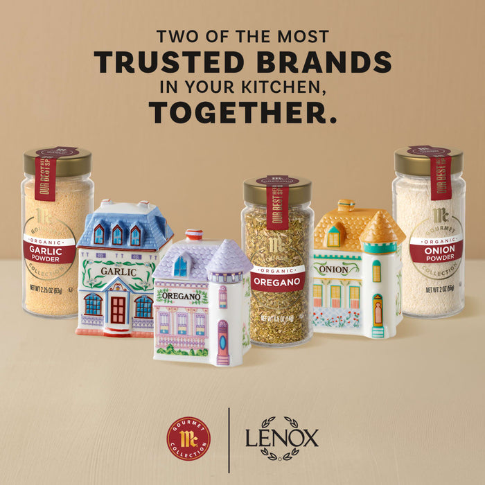 A promotional image for the Mccormick X Lenox Spice Village Dtc Bundles Dtcmckvb Dtcmckvb Dtcmckvb shows McCormick Gourmet Collection spices like Organic Garlic Powder and Organic Oregano next to their matching decorative Lenox spice jars shaped like small houses.