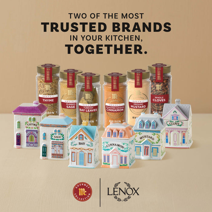 A promotional image for the Mccormick X Lenox Spice Village Dtc Bundles Dtcmckvb Dtcmckvb Dtcmckvb shows McCormick Gourmet Collection spice jars like Thyme, Sage, and Cinnamon lined up behind their matching decorative Lenox ceramic spice houses.