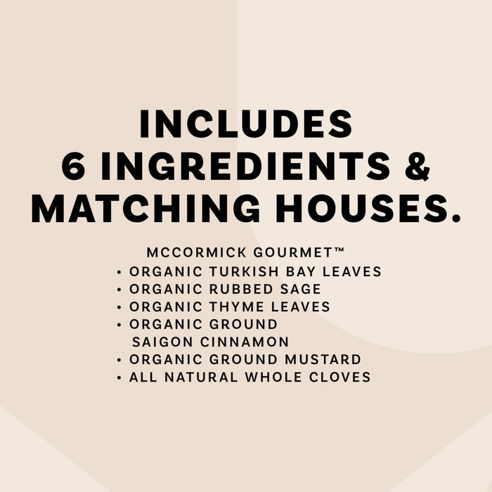 An infographic lists the six McCormick Gourmet ingredients included in the Mccormick X Lenox Spice Village Dtc Bundles Dtcmckvb Dtcmckvb Dtcmckvb, which are bay leaves, sage, thyme, cinnamon, mustard, and cloves.