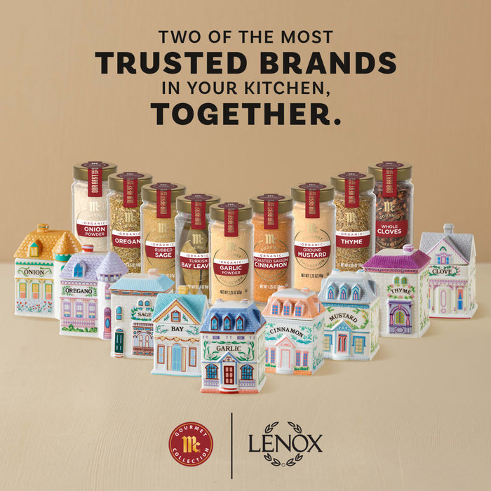 An advertisement for the Mccormick X Lenox Spice Village Dtc Bundles Dtcmckvb Dtcmckvb Dtcmckvb shows McCormick Gourmet Collection spice jars arranged behind their matching Lenox ceramic spice houses.