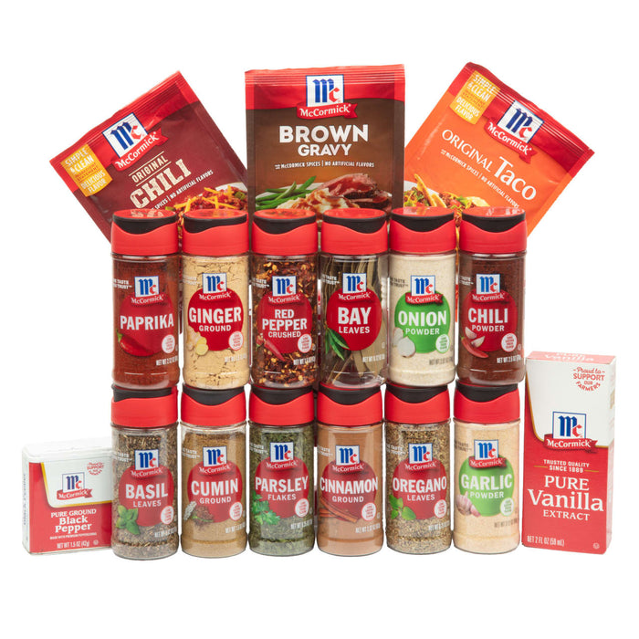 A collection of McCormick spices and seasonings, including Paprika, Chili Powder, Ground Cinnamon, and Pure Vanilla Extract, are arranged in rows against a white background.