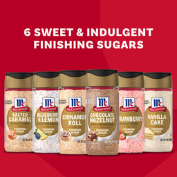 The McCormick Finishing Sugar Bundle is displayed against a red background, featuring six bottles of flavored sugars: Salted Caramel, Blueberry &amp; Lemon, Cinnamon Roll, Chocolate Hazelnut, Strawberry, and Vanilla Cake.