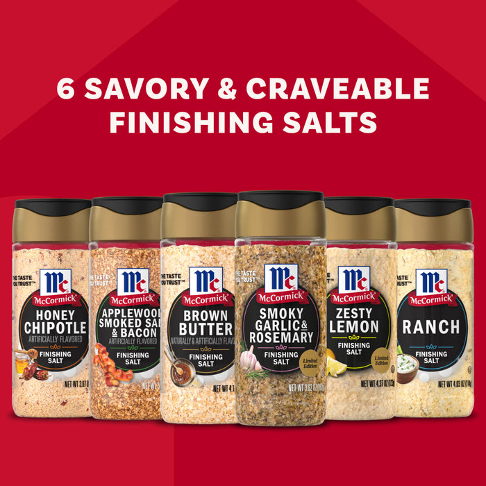 Six different bottles of McCormick Finishing Salts are lined up in a promotional image under the text 6 Savory &amp; Craveable Finishing Salts.