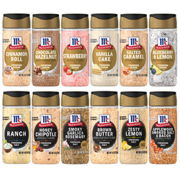 A product lineup of the Dtcmckvb collection displays twelve McCormick Finishing Sugars and Finishing Salts in two rows, featuring sweet flavors like Cinnamon Roll and savory ones like Ranch.