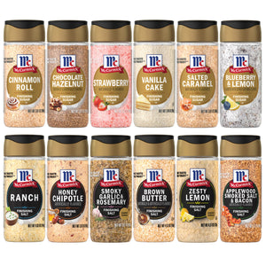 A product lineup of the Dtcmckvb collection displays twelve McCormick Finishing Sugars and Finishing Salts in two rows, featuring sweet flavors like Cinnamon Roll and savory ones like Ranch.