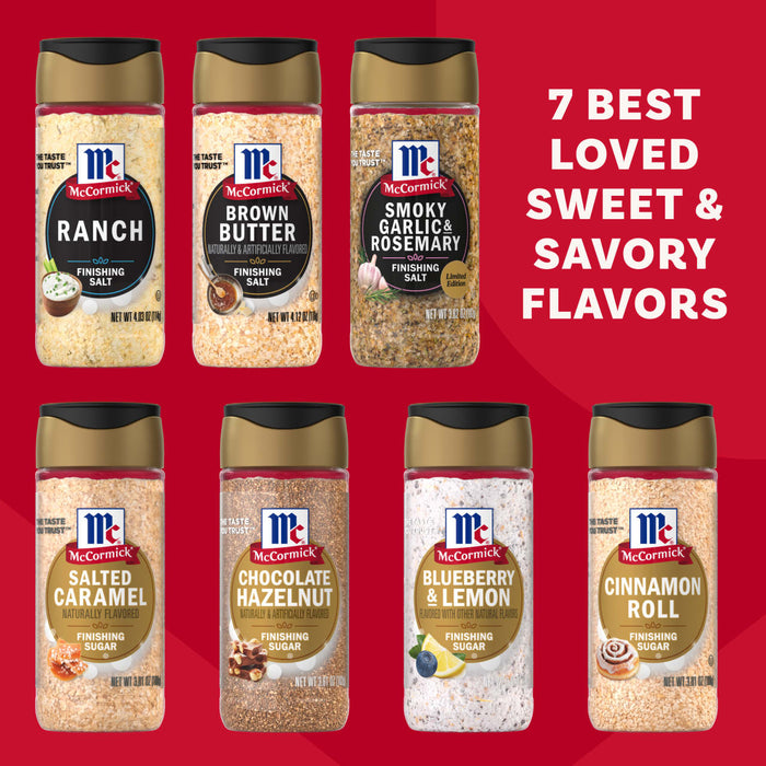 An advertisement shows seven bottles of McCormick finishing salts and sugars, including Ranch, Brown Butter, and Smoky Garlic &amp; Rosemary, against a red background with the text 7 Best Loved Sweet &amp; Savory Flavors.