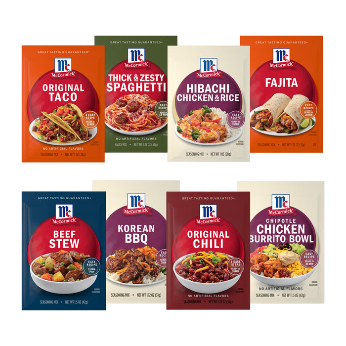 An assortment of eight McCormick seasoning mix packets, including Original Taco, Beef Stew, and Original Chili, are displayed in two rows, showcasing the variety in the Dtcmckvbeasymealsdrmbundle.